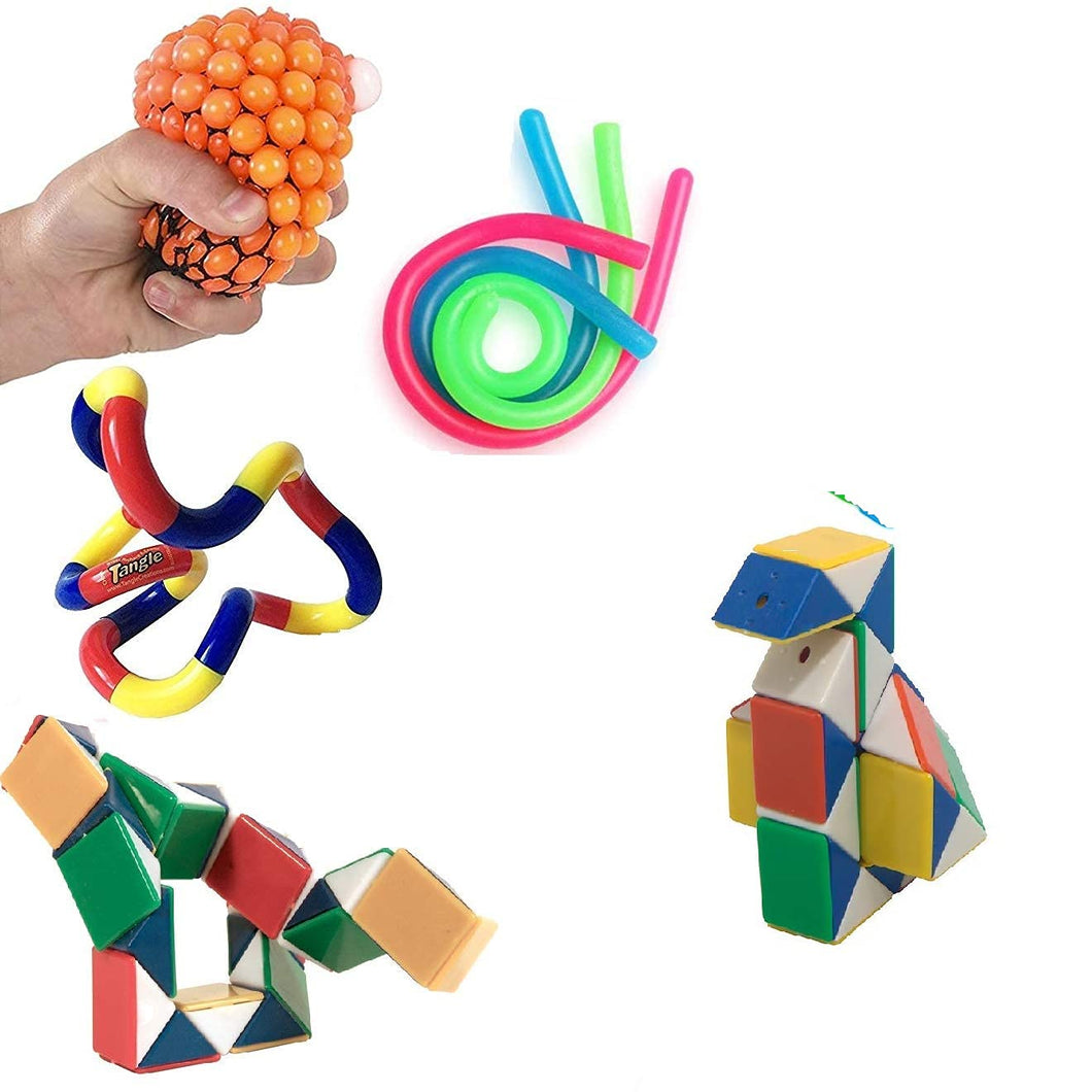 Sensory Fidget Toys Set - 8 Pcs Stress Reducer Anxiety Relief Toys for Focus & Calm Includes :Original Tangle Fidget Toy, Mesh Squeeze Grape Ball, 3 Stretchy Strings
