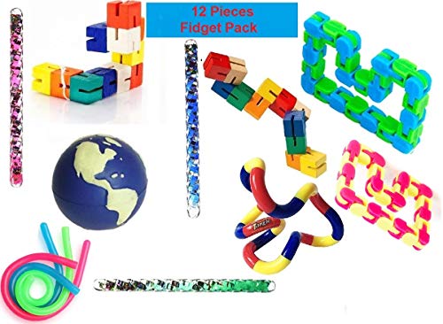 Sensory Fidget Toys Set 12 Pcs- Stress Reducer Anxiety Relief Toys for Focus & Calm Includes 1 Tangle Jr. Fidget Toy, 1 Mesh Squeeze Grape Ball and Many More Great Fidgets