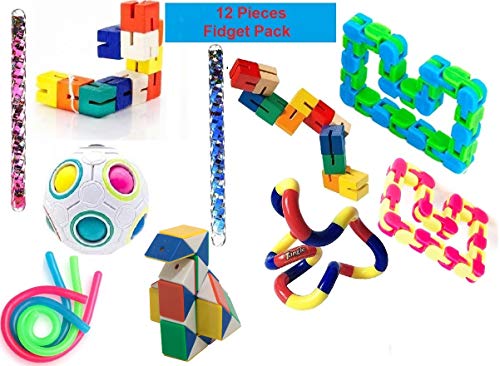 Selection of Sensory Fidget Pack Set of 12 Pieces Stress Reducer Anxiety Relief Toys for Focus & Calm Including Tangle Jr. Classic Fidget