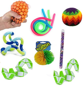 10 Piece Fidget Stress Relief Sensory Hand Dexterity Toys Including Tangle Jr and Koosh Ball