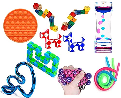 Set of 12 Fidget Stress Relievers Sensory Relaxation Anxiety Relief Fidget Pack with Tangle Jr. Metallic Twist Fidget Snake Cube, and More