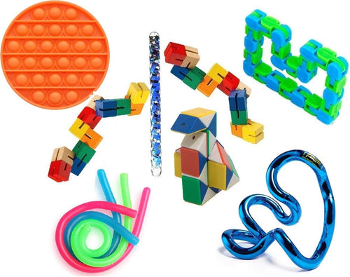 Sensory Fidget Toys Set - 10 Pcs Stress Reducer Anxiety Relief Toys for Focus & Calm Includes :Original Tangle Fidget Toy, Mesh Squeeze Grape Ball, Wooden Fidget Block, Snap N Click Fidget, Stretchy Strings