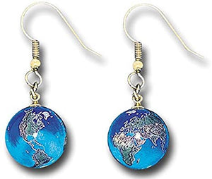 Earrings, Blue Earth Marbles, Natural Earth Continents, Gold Plated Stainless Steel, Half Inch Diameter Globes