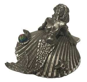 Enchanting Pewter Mermaid on Shell Sculpture with Crystal-Filled Clam Accent