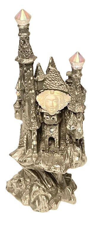 Whimsical Castle on Wave Pewter Figurine with Crystals and Angelic Face – 4.2 Inches of Enchantment