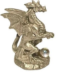 Majestic Pewter Regal Dragon with Crystal Ball - Enchanting 1.5-Inch Fantasy Sculpture