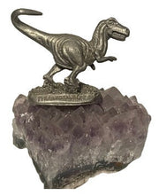 Pewter T Rex on Amethyst: A 3.1-Inch Fusion of Prehistoric Majesty and Crystal Elegance